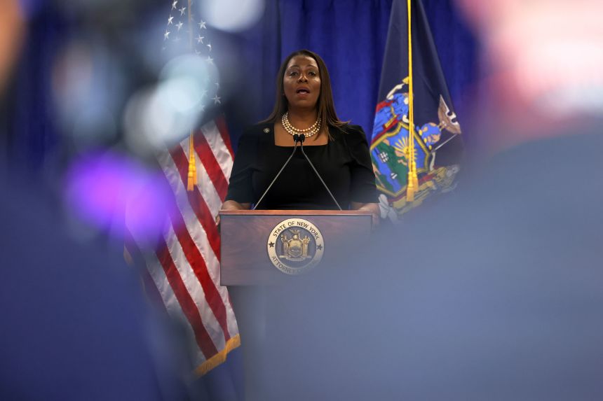 Attorney General Letitia James speaks during a press conference in New York on February 16, 2024, following a verdict against Donald Trump in his civil fraud trial.