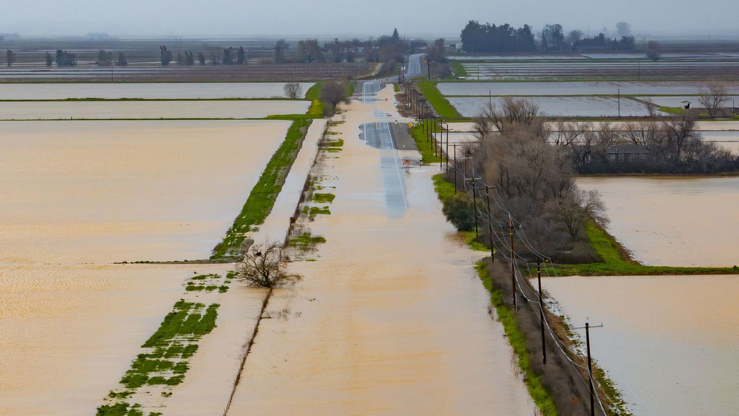 A flooded and impassable road in Willows, California, on February 19, 2024.