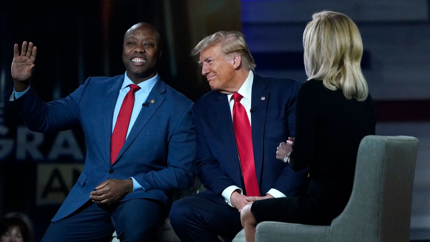 Sen. Tim Scott and former President Donald Trump participate in a Fox News Town Hall event with host Laura Ingraham at the Greenville Convention Center in Greenville, South Carolina, on February 20.