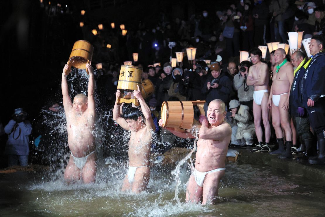 Participants wearing only "Fundoshi" loincloths at the Somin-sai festival at Kokusekiji Temple in Iwate prefecture, Japan, on February 17, 2024.