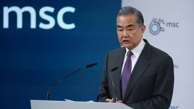 Chinese Foreign Minister Wang Yi speaks during the 2024 Munich Security Conference on February 17.