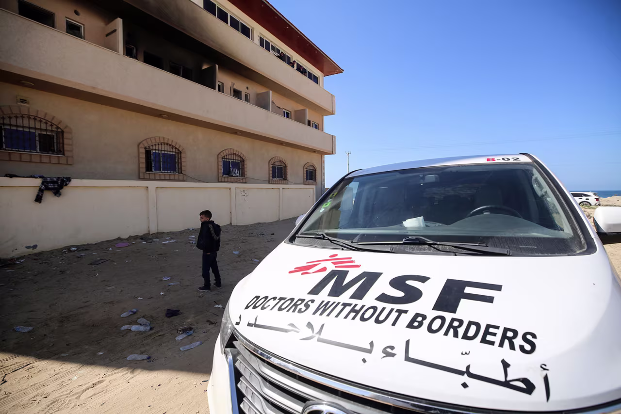 A building belonging to the medical charity Doctors Without Borders  in the al-Mawasi area, west of Khan Yunis, in southern Gaza, on February 21, 2024.