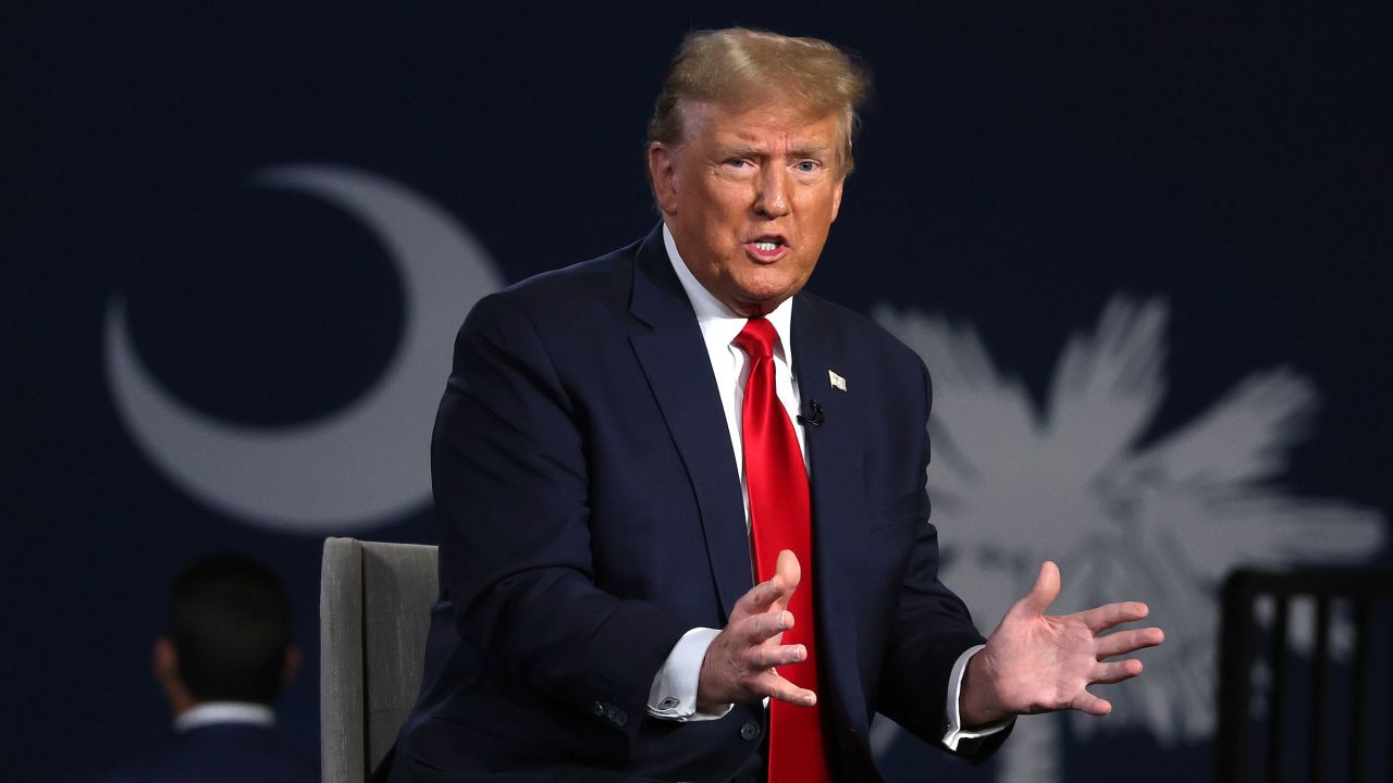 Former President Donald Trump speaks during a Fox News town hall in Greenville, South Carolina, on February 20, 2024.