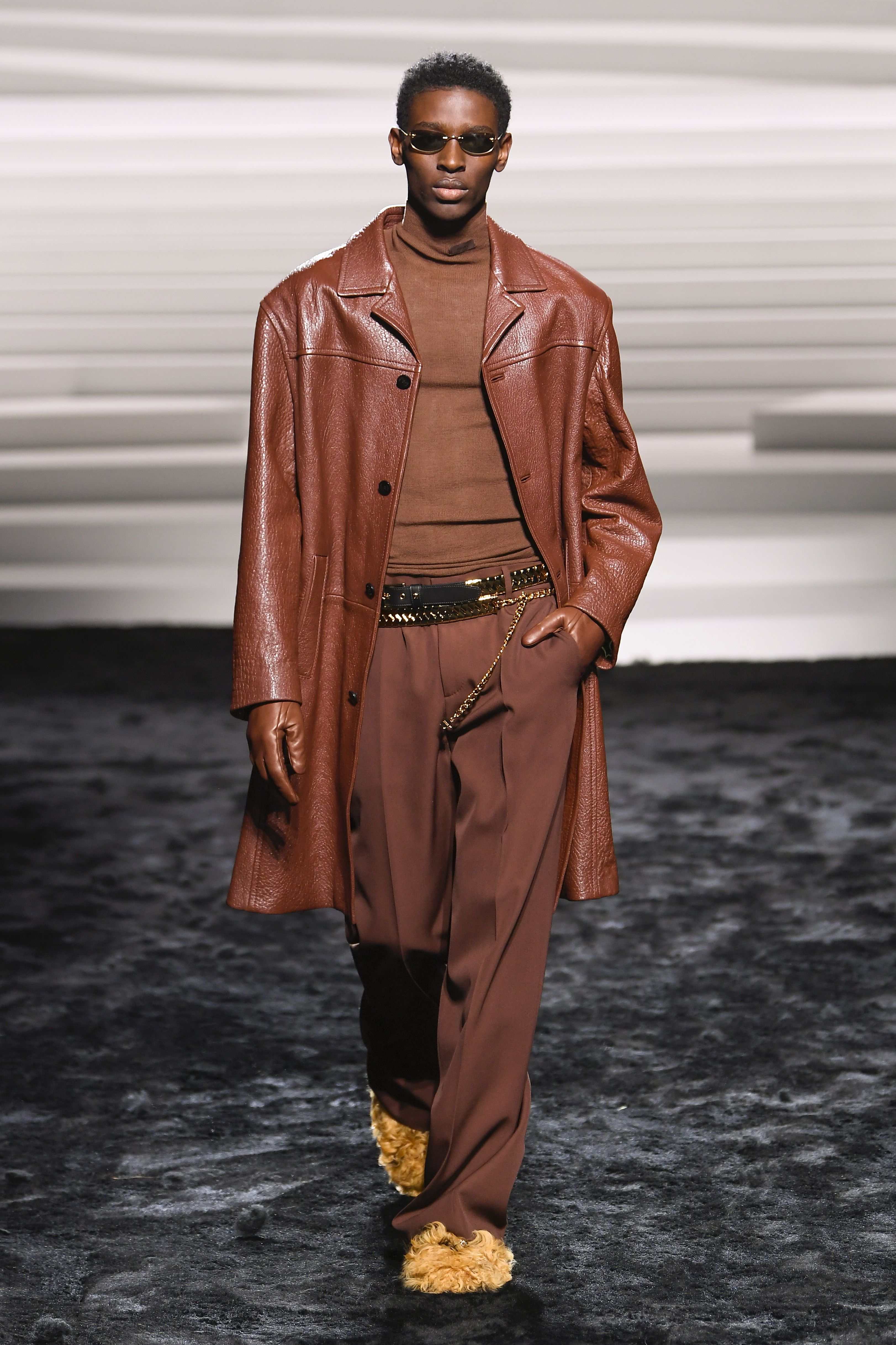 There were plenty of long line, Matrix-insired leather coats on the runway at Milan.