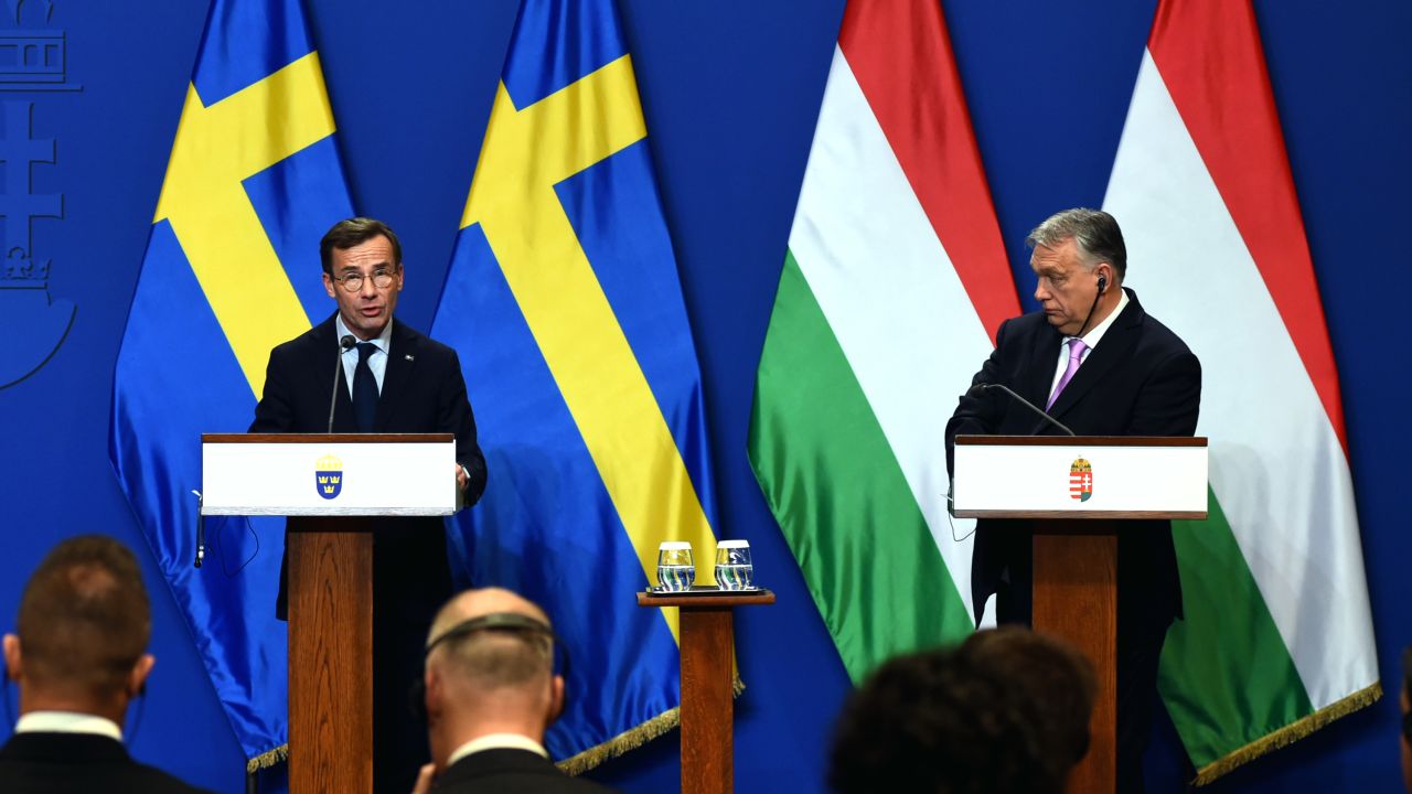 Swedish Prime Minister Ulf Kristersson is meeting with Hungarian Prime Minister Viktor Orban in Budapest, as Hungary remains the last NATO member to not ratify Sweden's bid to join NATO, on (Photo by Balint Szentgallay/NurPhoto via Getty Images)