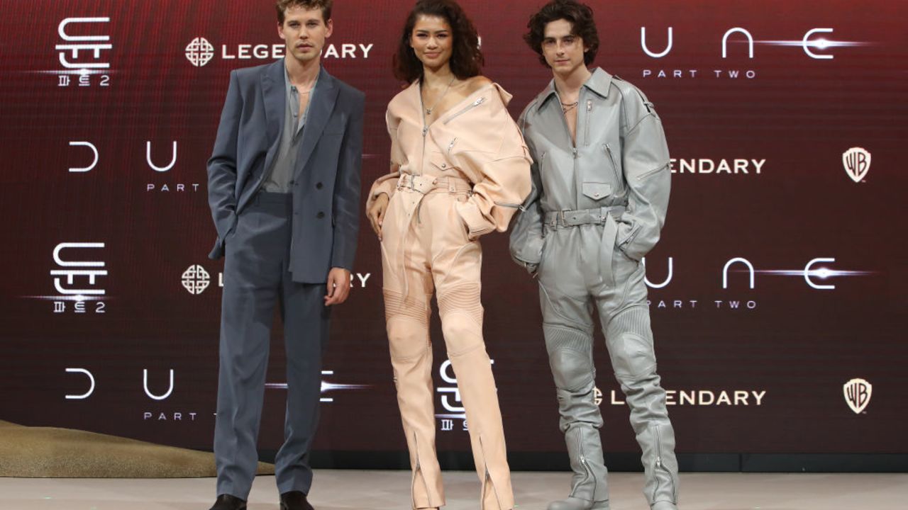 SEOUL, SOUTH KOREA - FEBRUARY 21: (L-R) Austin Butler, Zendaya and Timothee Chalamet attend the press conference for "Dune: Part Two" on February 21, 2024 in Seoul, South Korea. (Photo by Chung Sung-Jun/Getty Images)