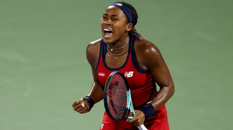 DUBAI, UNITED ARAB EMIRATES - FEBRUARY 21: Coco Gauff of the United States celebrates victory over Karolina Pliskova of Czech Republic in their third round women's singles match during the Dubai Duty Free Tennis Championships, part of the Hologic WTA Tour at Dubai Duty Free Tennis Stadium on February 21, 2024 in Dubai, United Arab Emirates. (Photo by Christopher Pike/Getty Images)