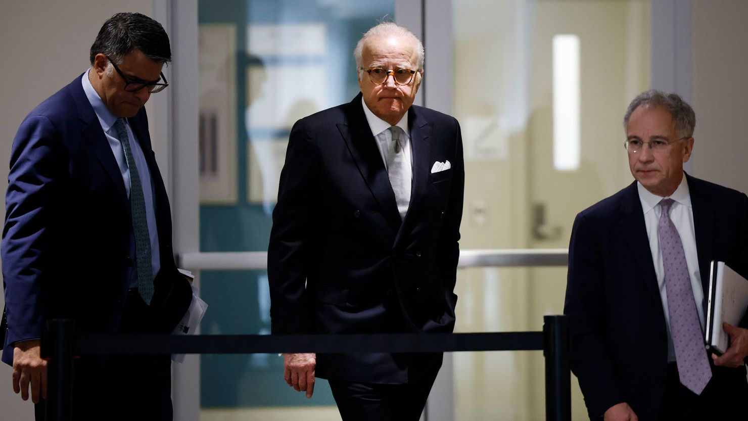 James Biden returns with his attorney Paul Fishman, right, following a break in a closed-door deposition with the House Oversight Committee at the Thomas P. O'Neill Jr. Federal Building on February 21 in Washington, DC.