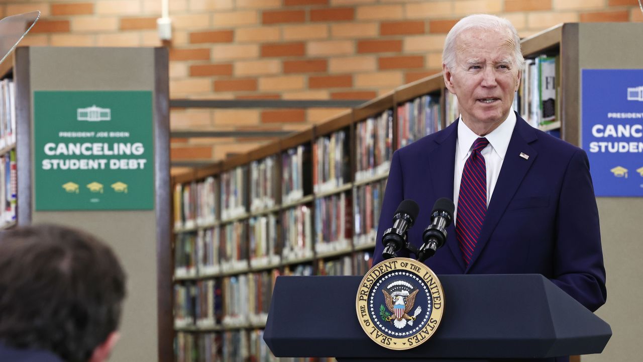U.S. President Joe Biden delivers remarks on canceling student debt at Culver City Julian Dixon Library on February 21, 2024 in Culver City, California.