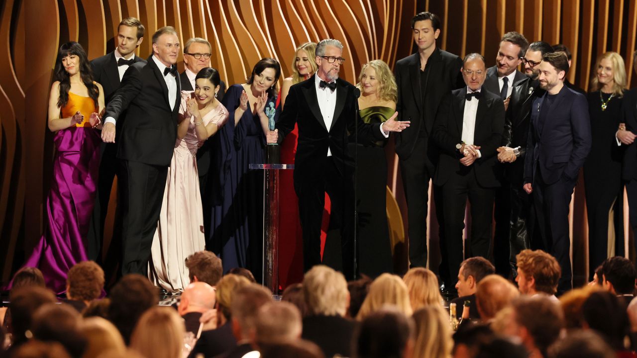 Los Angeles, CA - February 24: Alan Ruck, center, and the cast of Succession photographed during the 30th Screen Actors Guild Awards in Shrine Auditorium and Expo Hall in Los Angeles, CA, Saturday, Feb. 24, 2024. (Robert Gauthier / Los Angeles Times via Getty Images)