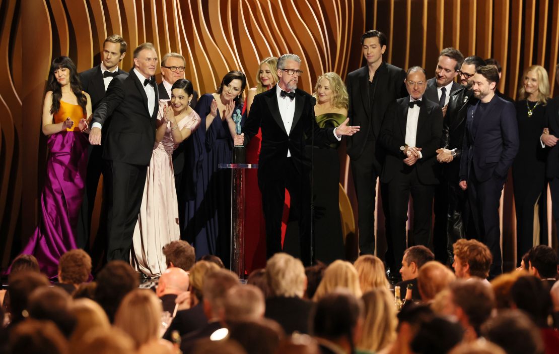 Alan Ruck, center, and the cast of "Succession" photographed during the 30th Screen Actors Guild Awards in Shrine Auditorium and Expo Hall in Los Angeles on Saturday, Feb. 24.