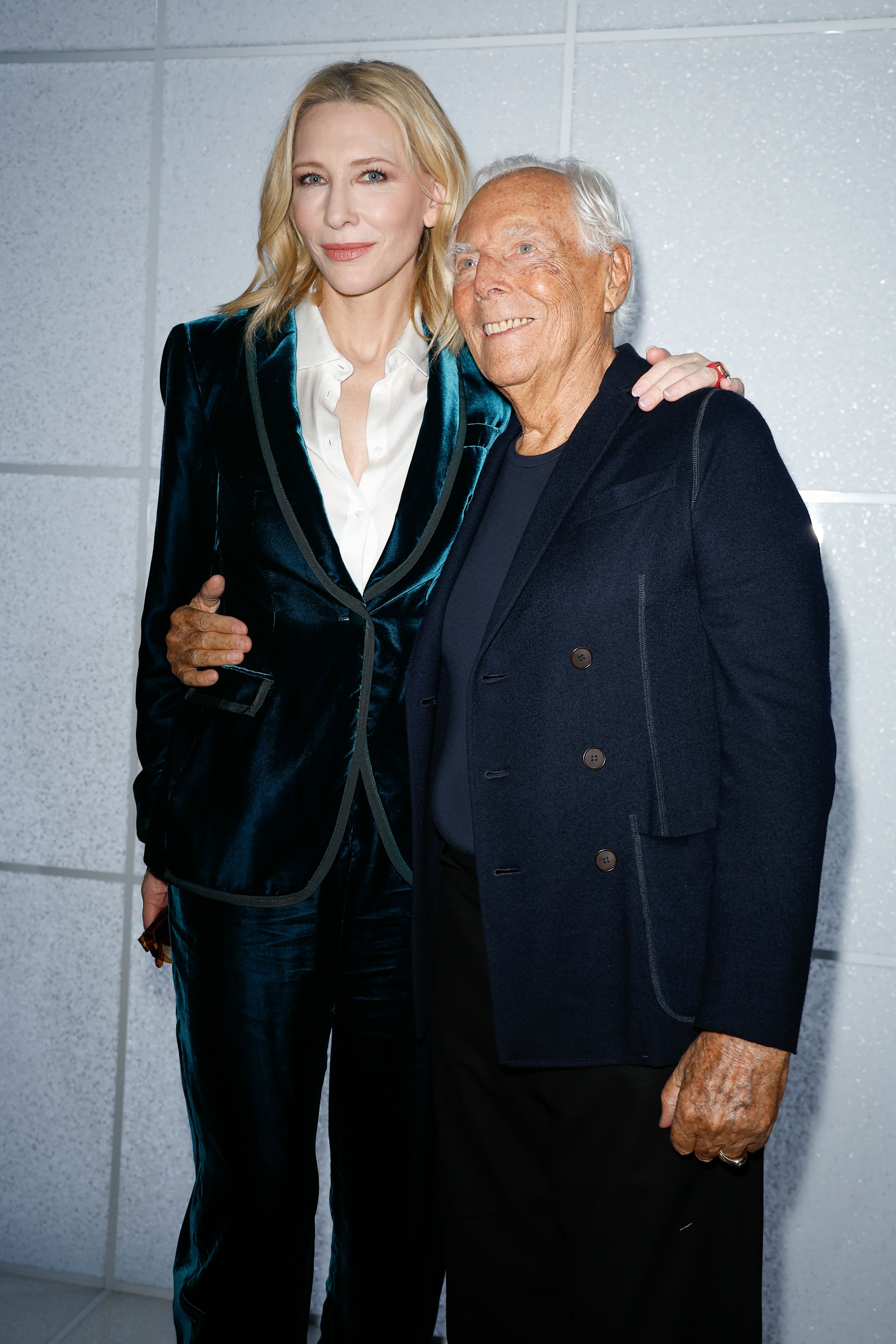 Cate Blanchett and Giorgio Armani at the latter's Milan catwalk show.