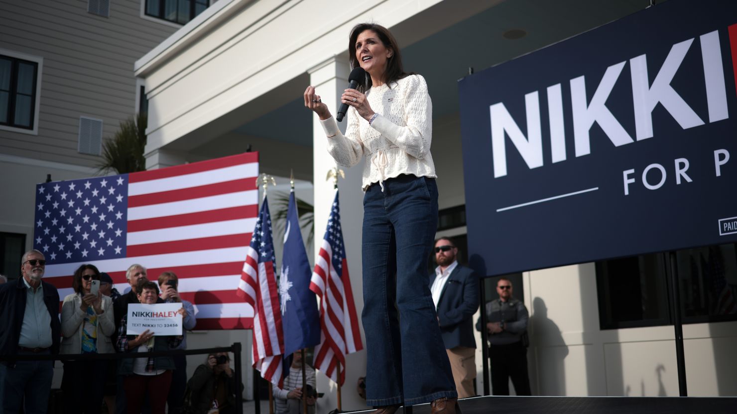 Nikki Haley speaks during a campaign event at The George Hotel February 22, 2024 in Georgetown, South Carolina.