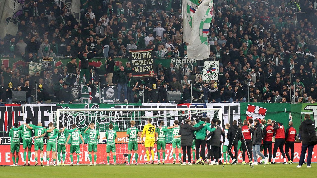 VIENNA, AUSTRIA - FEBRUARY 25: Happy by the SK Rapid Players and fans during the Admiral Bundesliga match between  SK Rapid and FK Austria Wien at Allianz Stadion on February 25, 2024 in Vienna, Austria. (Photo by Thomas Pichler/SEPA.Media /Getty Images)