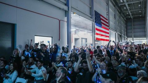 Intuitive Machines employees cheer during a watch party moments after they became the first commercial company to softly land on the moon on Thursday, February 22, 2024, in Houston.