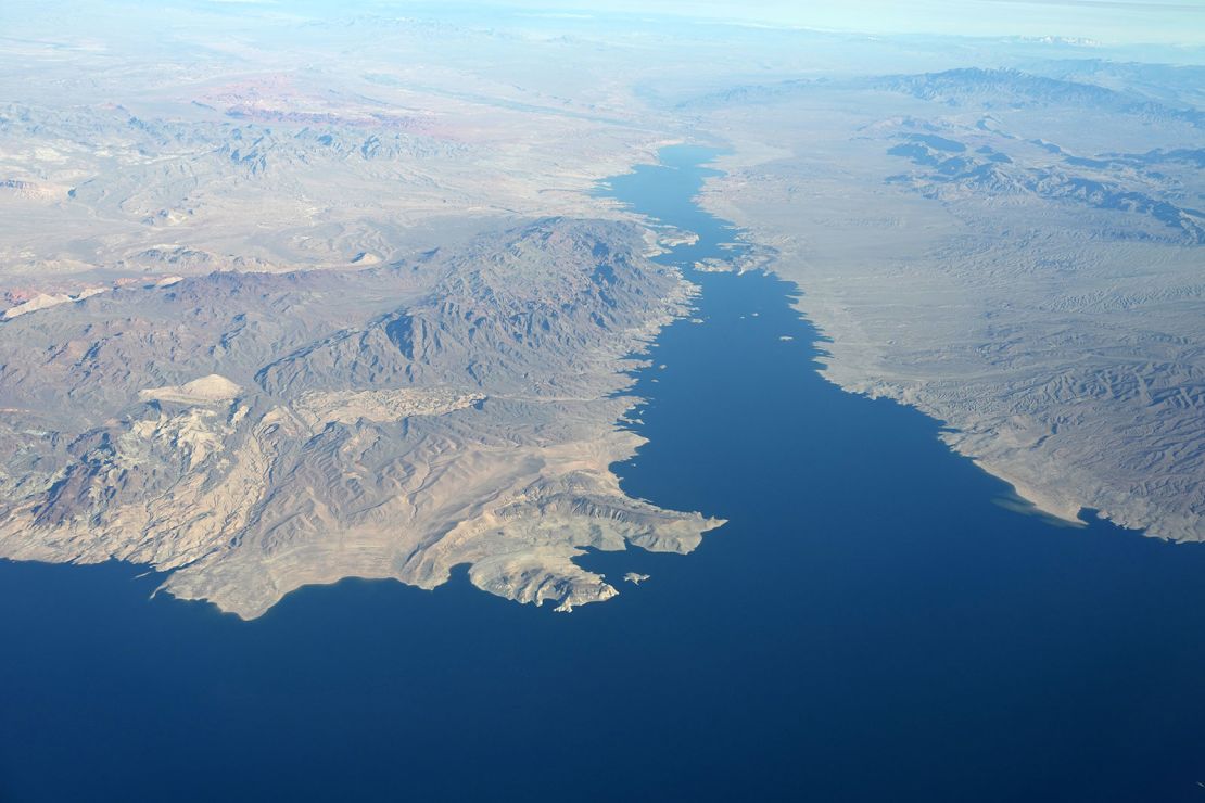 A general overall aerial view of Lake Mead along the Nevada and Arizona border near Boulder, City Nevada, on February 16, 2024.