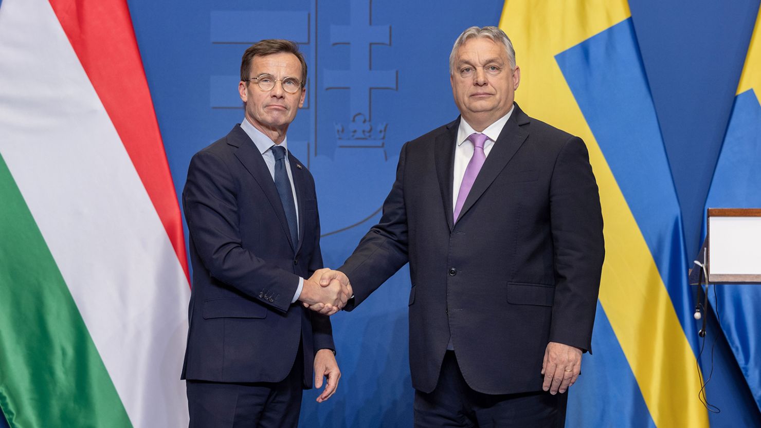 Hungary's Prime Minister Viktor Orban (right) and Swedish Prime Minister Ulf Kristersson shake hands after a news conference on Friday. The Hungarian parliament ratified Sweden's bid to join NATO on Monday.