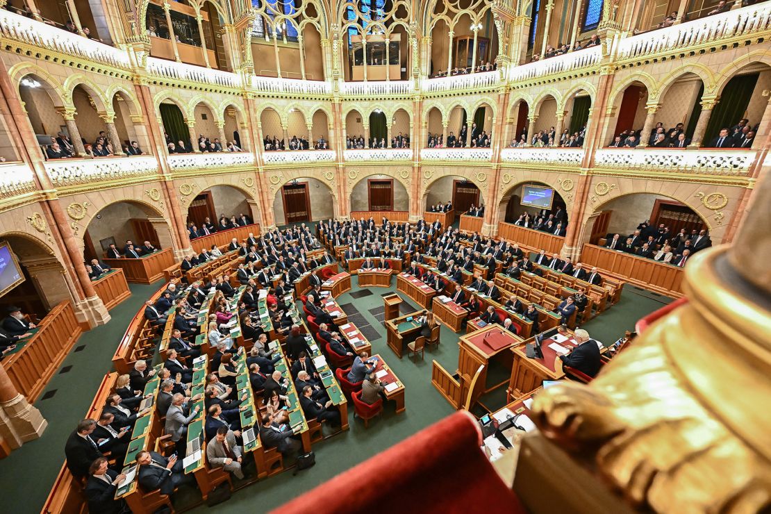 Hungarian Parliament representatives are seen voting on the ratification of Sweden's NATO membership on Monday.