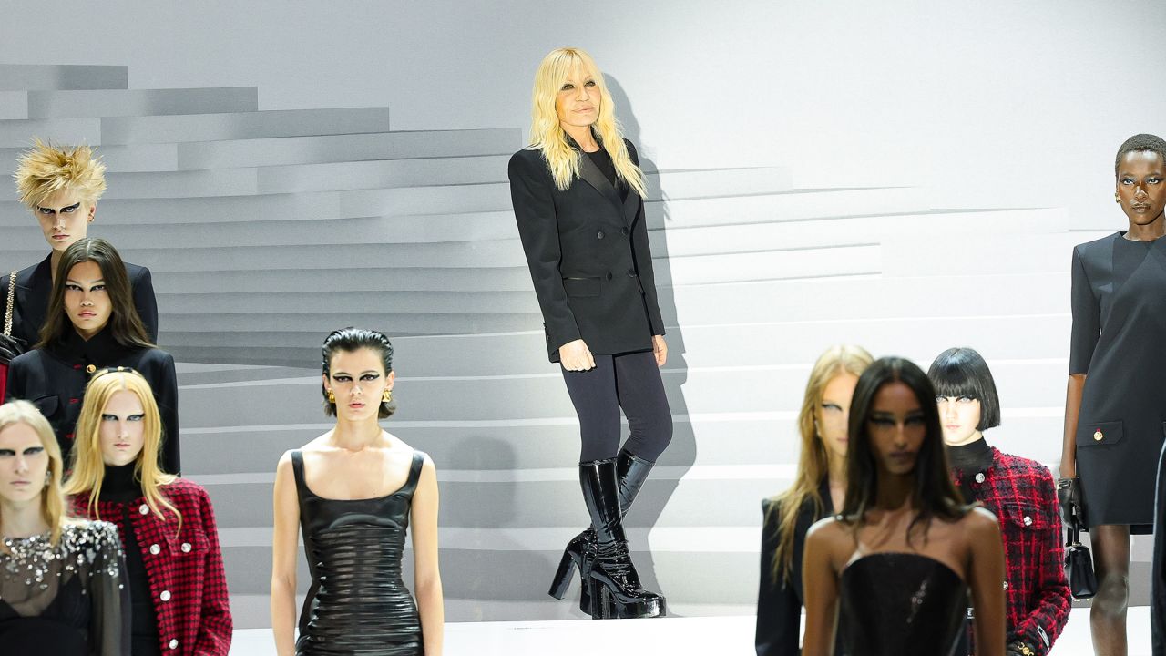 MILAN, ITALY - FEBRUARY 23: Donatella Versace walks the runway at the Versace fashion show during the Milan Fashion Week Womenswear Fall/Winter 2024-2025 on February 23, 2024 in Milan, Italy. (Photo by Jacopo Raule/Getty Images)