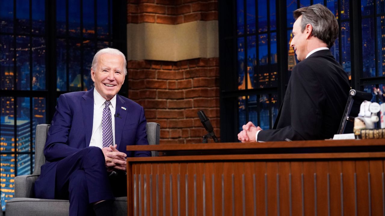 LATE NIGHT WITH SETH MEYERS -- Episode 1488 -- Pictured: (l-r) President Joe Biden talks with host Seth Meyers on February 26, 2024 -- (Photo by: Lloyd Bishop/NBC via Getty Images)