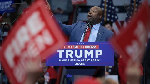 Sen. Tim Scott delivers remarks before Republican presidential candidate and former President Donald Trump speaks at a Get Out The Vote rally at Winthrop University on February 23, 2024 in Rock Hill, South Carolina.