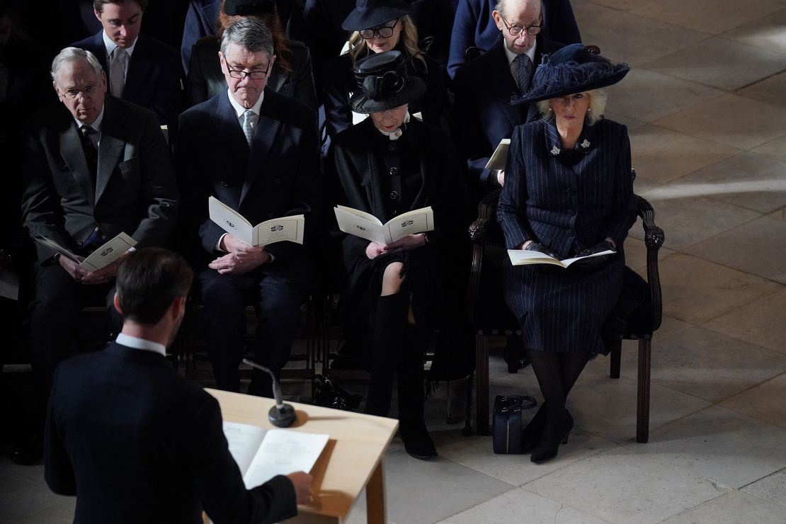 Queen Camilla, Princess Anne, her husband, Adm. Timothy Laurence, and Richard, Duke of Gloucester at the service for the late King Constantine II of Greece at St. George’s Chapel, Windsor on Tuesday.