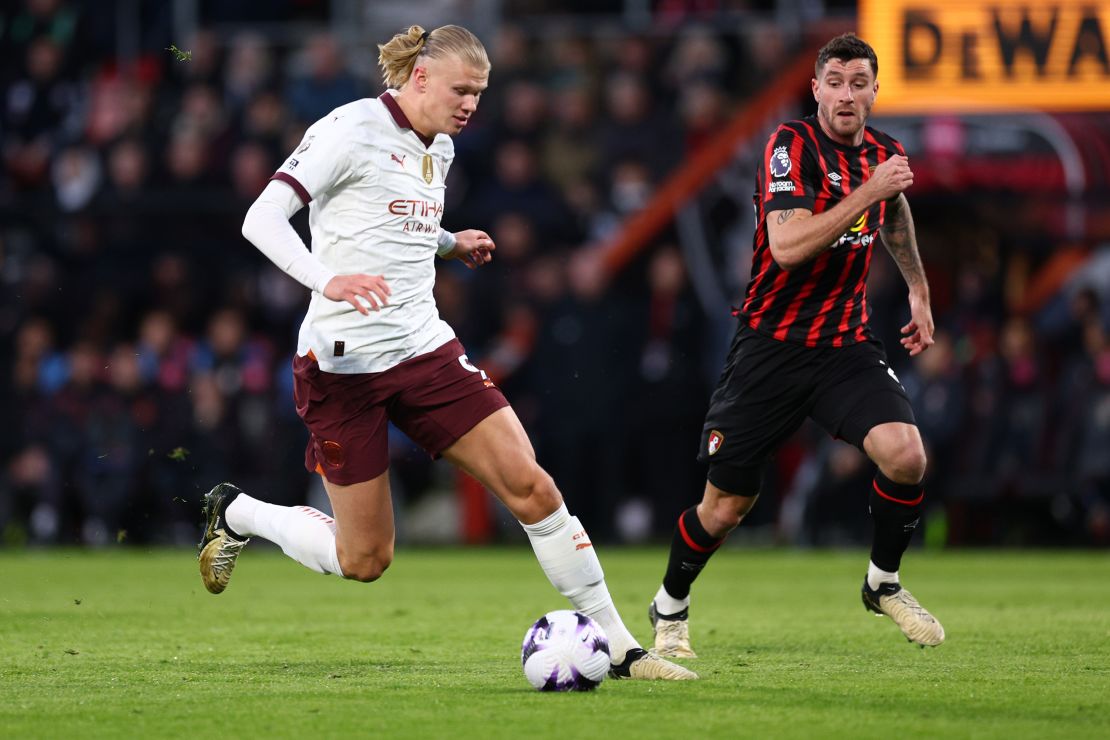 Haaland runs with the ball against Bournemouth on February 24.
