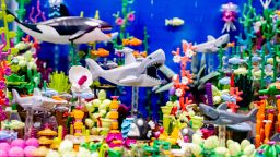 An aquarium model made of Lego features at Bricktastic 2024 in February, in Manchester, England.