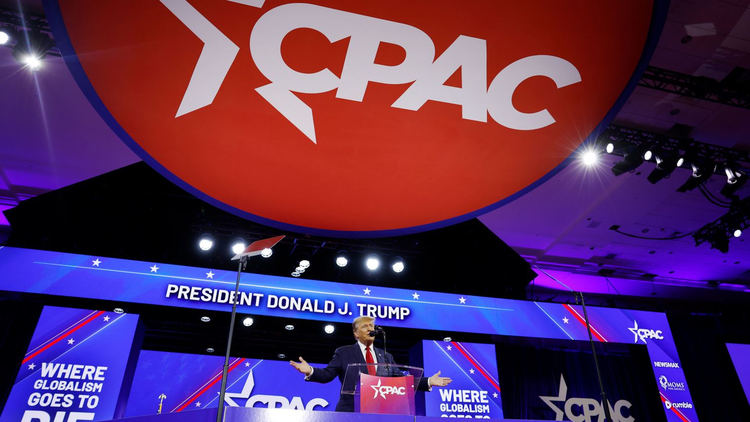 Former President Donald Trump speaks at the Conservative Political Action Conference in Maryland on February 24, 2024.