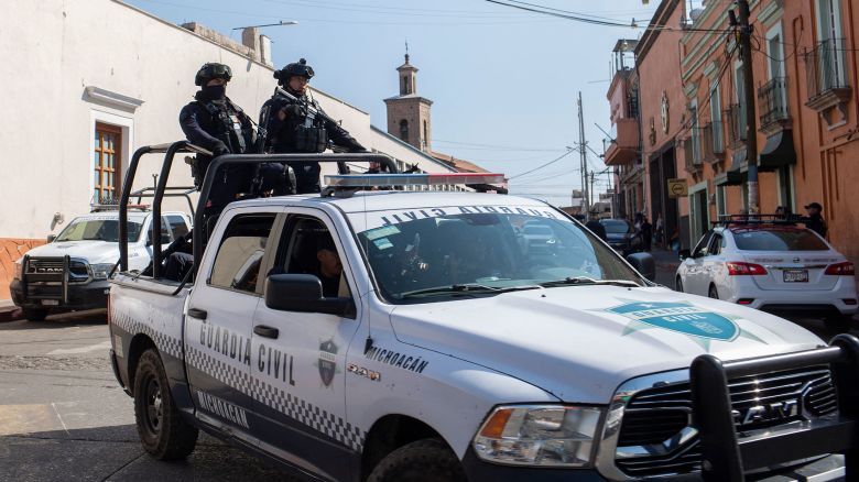 Security forces patrol the streets after the murder of Armando Perez Luna, a Mayor candidate murdered last Monday, in Maravatio, Michoacan state, Mexico on February 27, 2024.