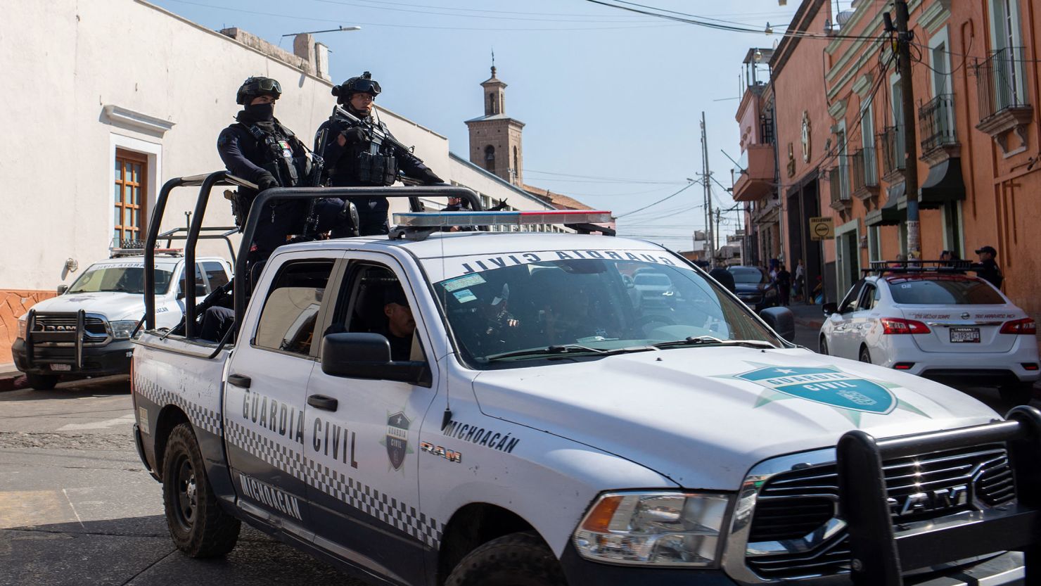 Security forces patrol the streets after the murder of Armando Perez Luna, a Mayor candidate murdered last Monday, in Maravatio, Michoacan state, Mexico on February 27, 2024.