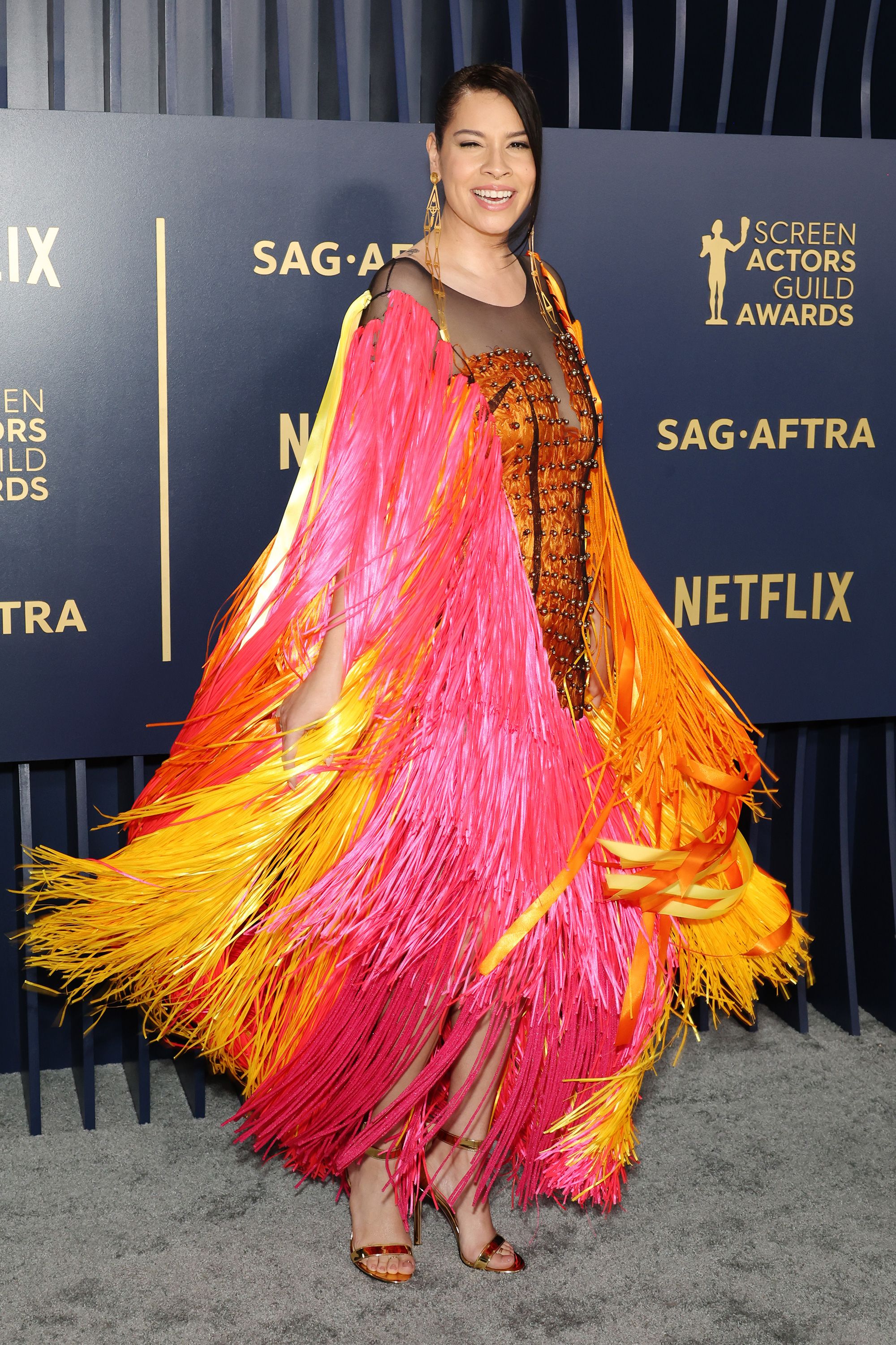 Gladstone's "Killers of the Flower Moon" co-star Cara Jade Myers also donned colorful fringe.