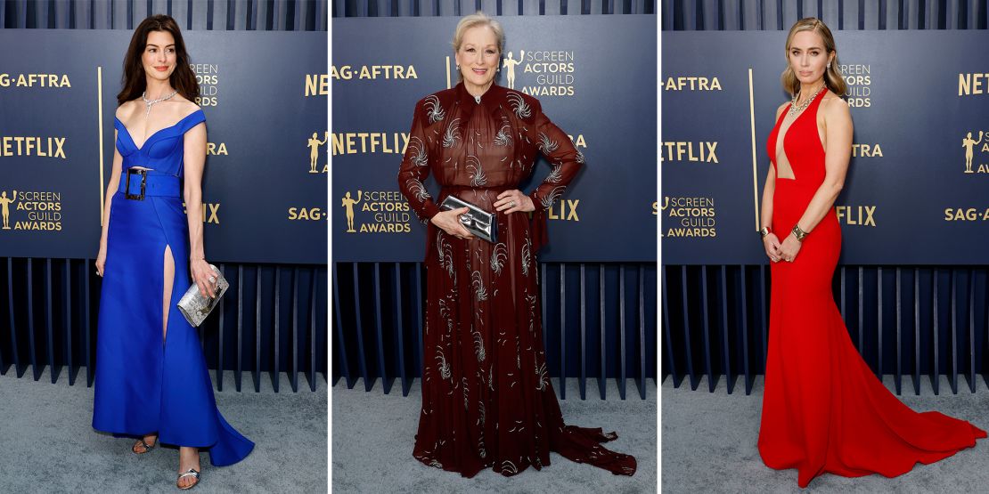 From left: Anne Hathaway in vintage Atelier Versace — a shade of blue she described as "cerulean" on the red carpet (though Miranda Priestly might just disagree on principle), Meryl Streep in Prada and Emily Blunt in Louis Vuitton.