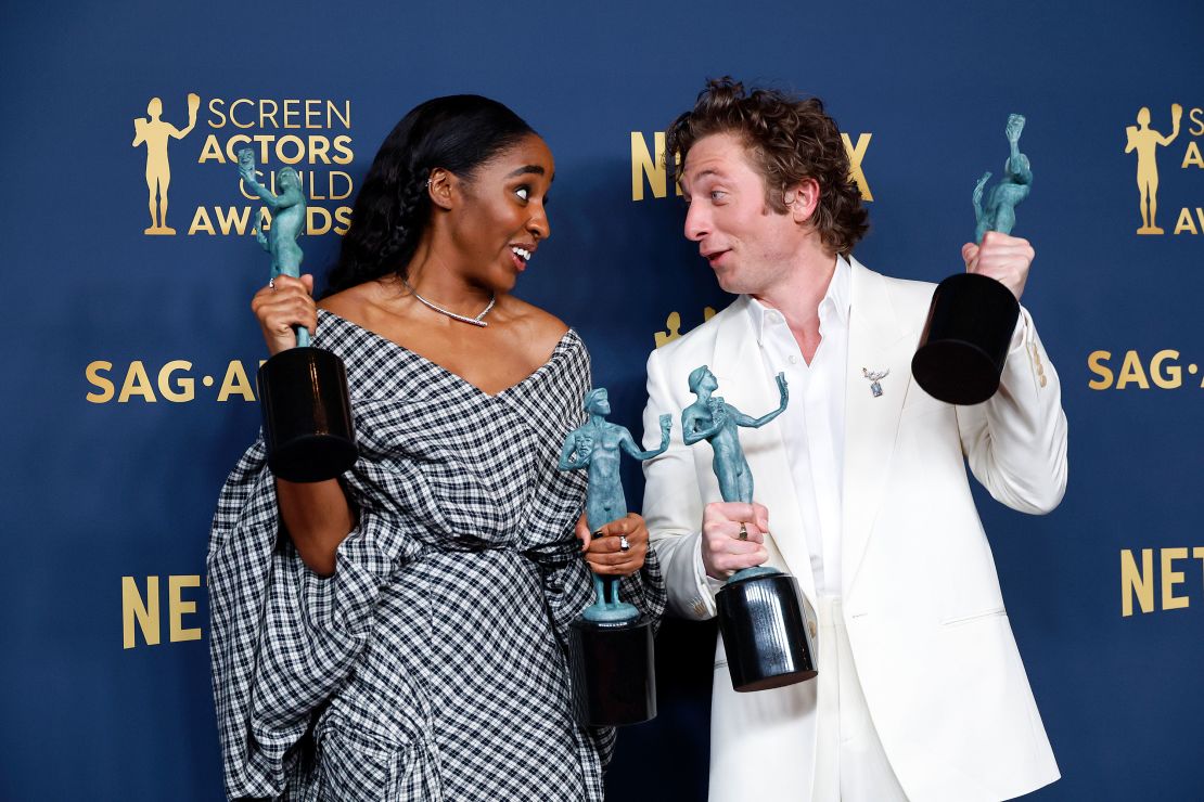 Ayo Edebiri and Jeremy Allen White, winners of the outstanding performance by a female and male actor in a comedy series as well as ensemble in a comedy series awards for '"The Bear," pose in the press room during the 30th Annual Screen Actors Guild Awards.