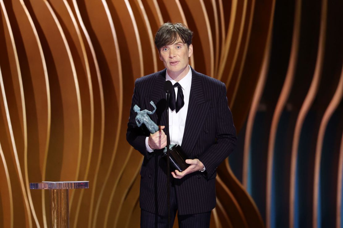Cillian Murphy accepts the outstanding performance by a male actor in a leading role award for "Oppenheimer" onstage during the 30th Annual Screen Actors Guild Awards on Saturday.