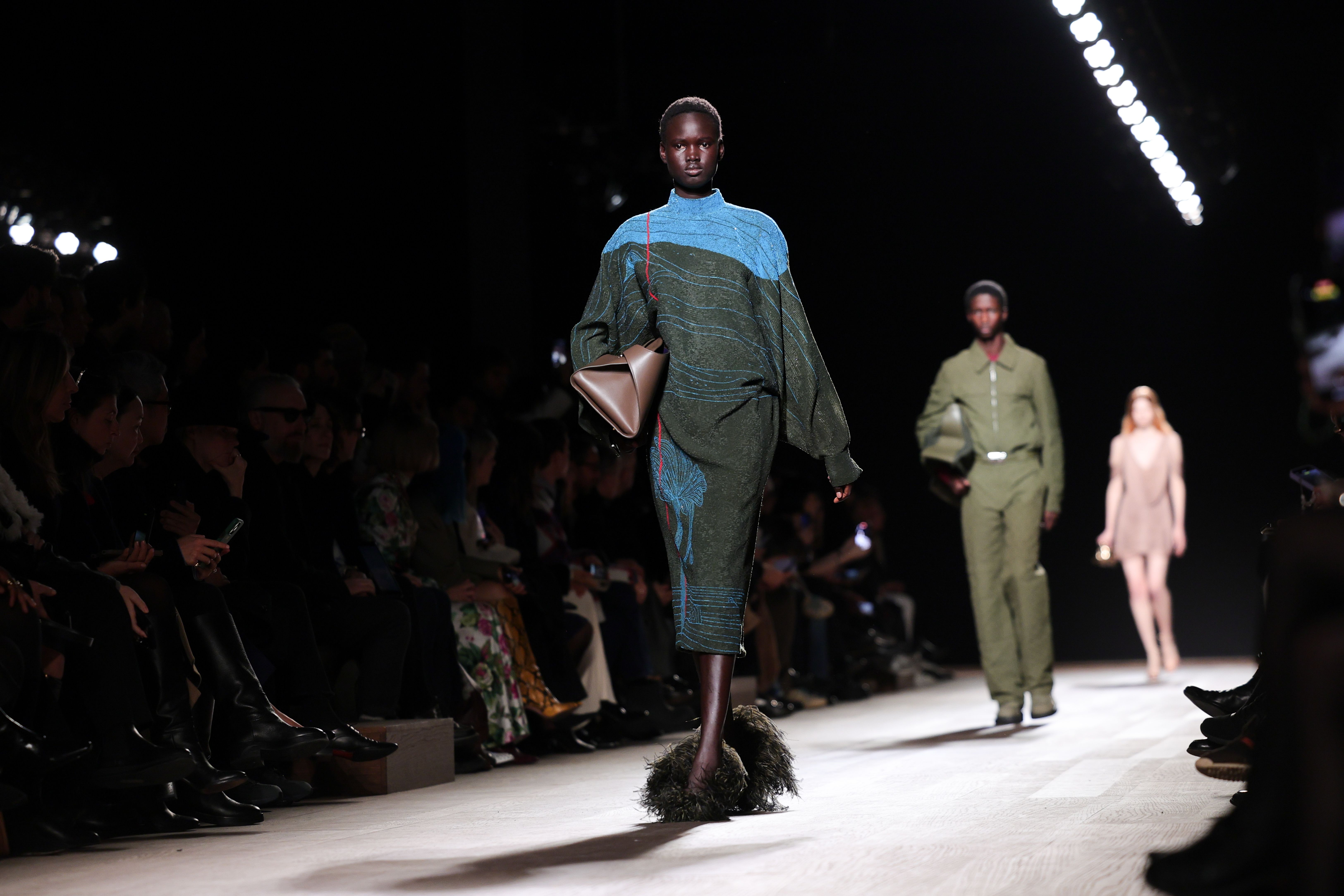 A deep mossy khaki color was prevalent on several runways including Ferragamo, above.