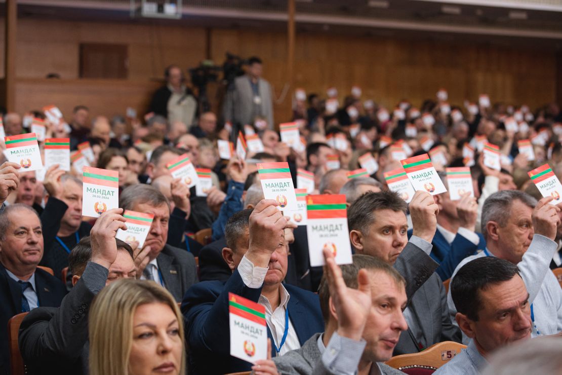 Lawmakers take part in a congress of deputies of Moldova's breakaway region of Transnistria in Tiraspol on February 28, 2024