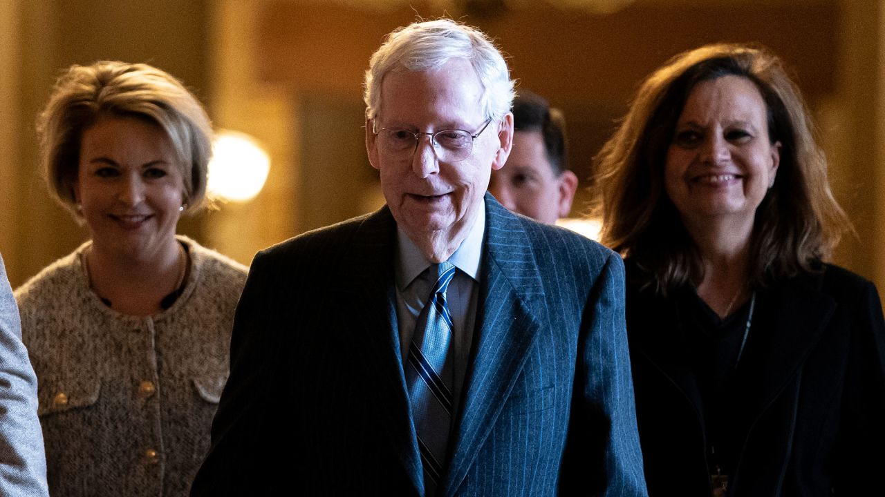 Senate Minority Leader Mitch McConnell walks into the Senate chamber on February 28 in Washington, DC. 
