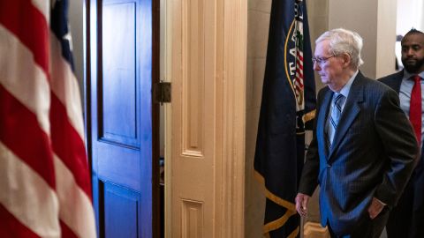 Senate Minority Leader Mitch McConnell departs the Senate chamber on February 28 in Washington, DC.