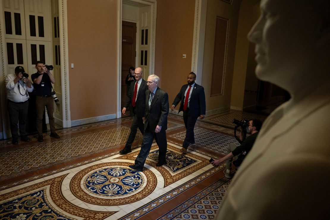 Senate Minority Leader Senator Mitch McConnell walks at the US Capitol on February 28, 2024 in Washington, DC.