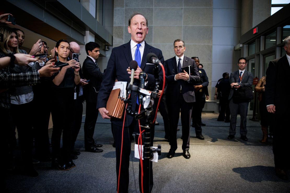 Abbe Lowell makes a statement to the press following a closed-door deposition before the House Committee on Oversight and Accountability, and House Judiciary Committee in the O'Neill House Office Building on February 28, in Washington, DC.