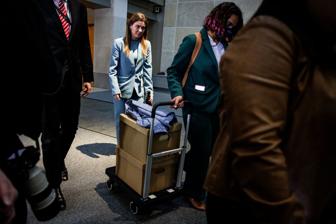 Staffers wheel out boxes of documents used in the closed-door deposition of Hunter Biden in front of the House Committee on Oversight and Accountability, and House Judiciary Committee in the O'Neill House Office Building on February 28, in Washington, DC.