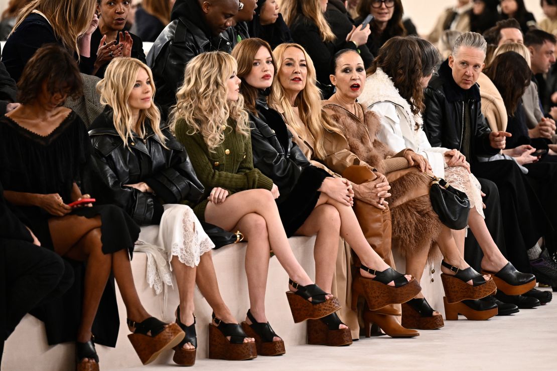 From left to right, Sienna Miller, Kiernan Shipka, Georgia May Jagger and Jagger's mother, '70s it-girl Jerry Hall, sit front row at the Chloé catwalk.