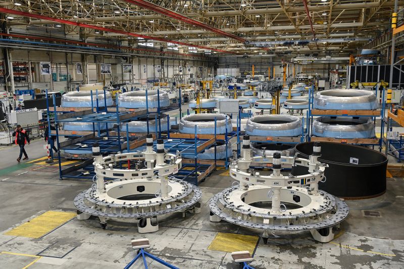 Production of Airbus A350 aircraft at the Airbus Atlantic plant in Bouguenais, near Nantes in western France, pictured on February 29, 2024.