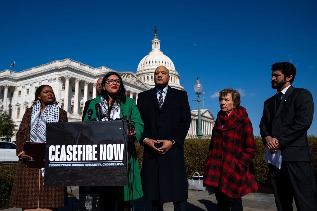 Rep. Rashida Tlaib, a Democrat from Michigan, center left, speaks during a news conference outside the US Capitol in Washington, DC, US, on Thursday, Feb. 29, 2024.