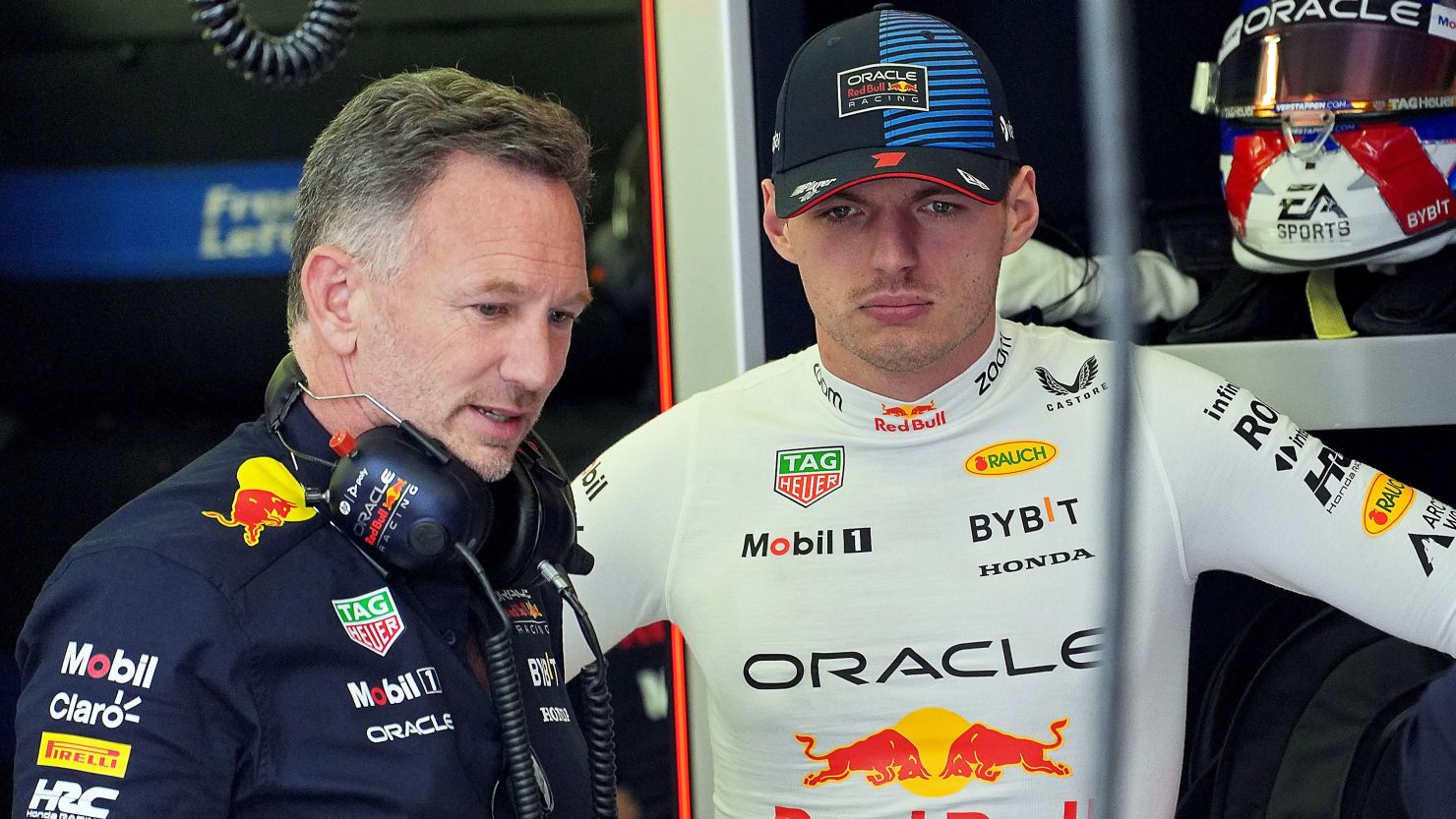 Red Bull team principal Christian Horner and Max Verstappen talk in the pits at Bahrain last weekend.
