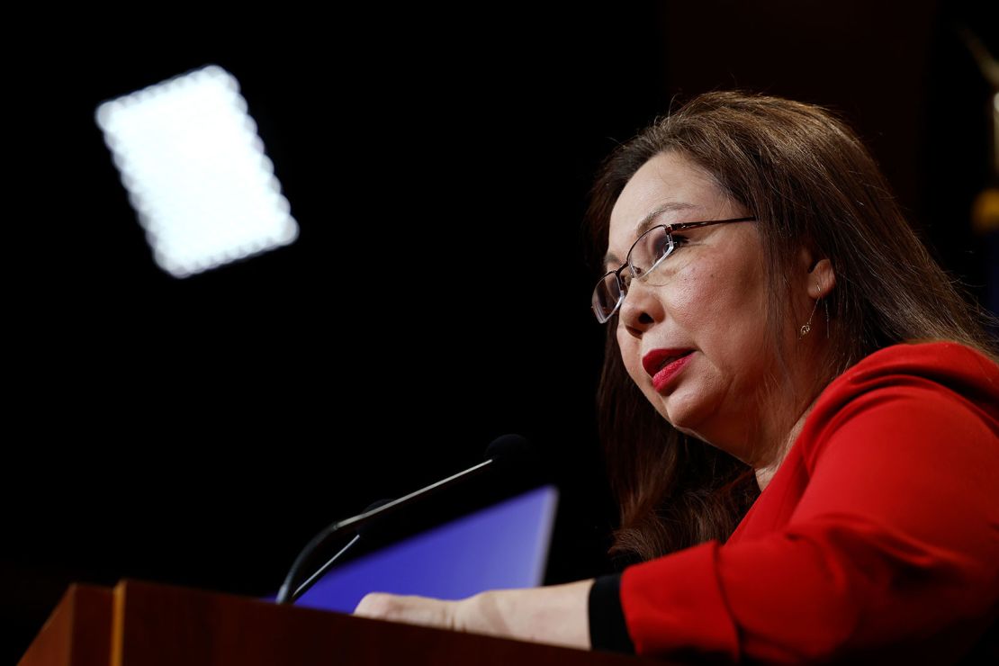 US Sen. Tammy Duckworth speaks during a news conference at the US Capitol on February 27, 2024 in Washington, DC.