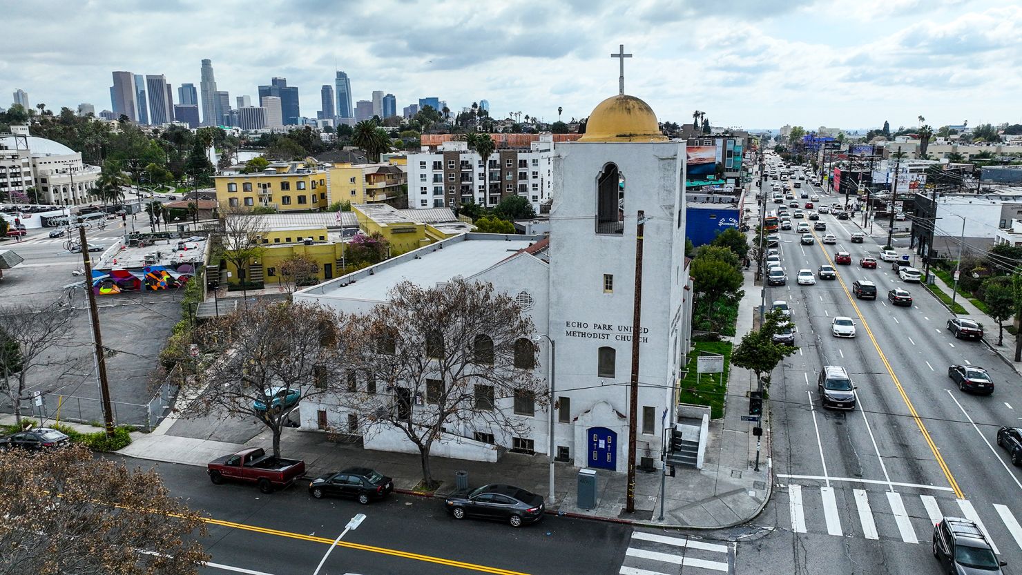 Echo Park United Methodist Church, which has been a Los Angeles community beacon for 100 years, is seen in February 2024.