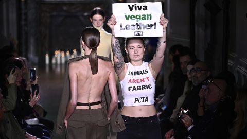 An activist of People for the Ethical Treatment of Animals (PETA) takes to the catwalk to protest against the use of leather in the fashion industry, as  models present  creations by Victoria Beckham for the Women Ready-to-wear Fall-Winter 2024/2025 collection as part of the Paris Fashion Week, in Paris on March 1, 2024. (Photo by JULIEN DE ROSA / AFP) (Photo by JULIEN DE ROSA/AFP via Getty Images)