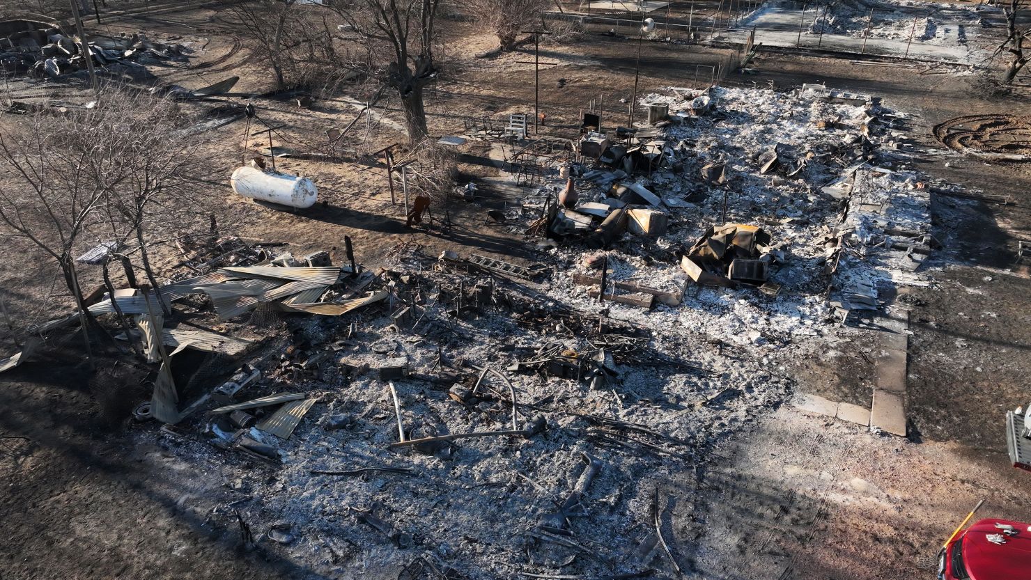 Remnants of structures after a wildfire moved through Stinnett, Texas, on March 1, 2024.